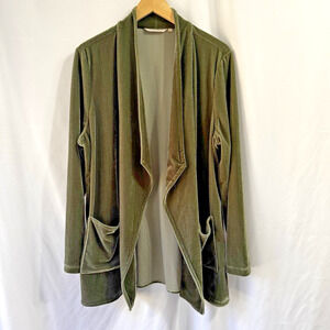 Soft Surroundings Open Cardigan Womens 1X Green Velvet Shawl Collar Front Topper
